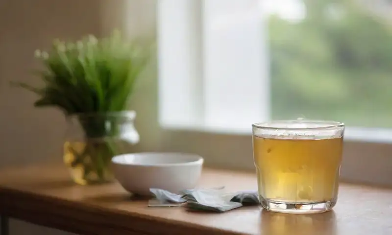 Una cocina serena con bolsas de té empapadas en un plato, vapor suave y un ambiente cálido y acogedor