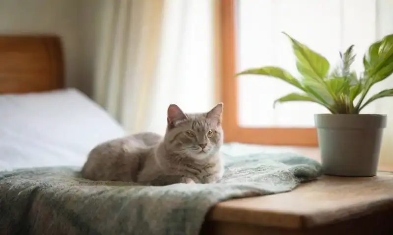 Una habitación acogedora con luz suave, una cama bien hecha, un gato gris durmiendo sobre una manta colorida y un ambiente sereno
