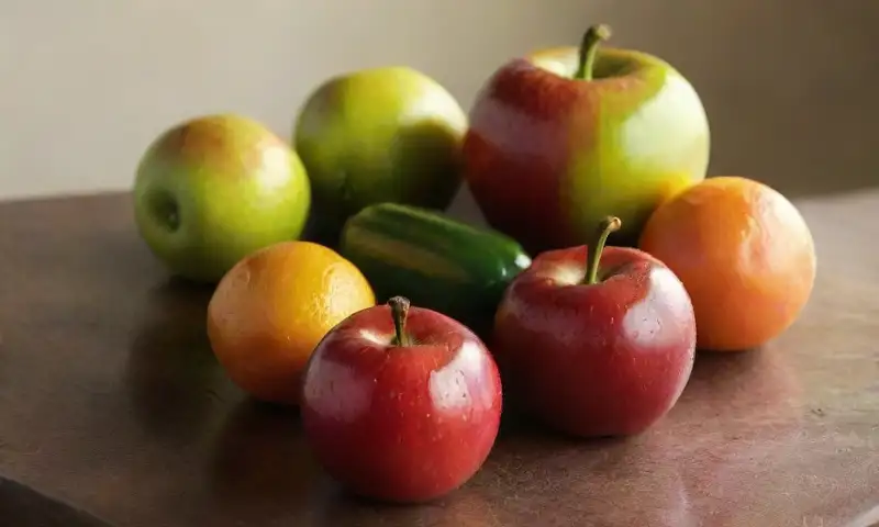 Una mesa de madera muestra una colorida variedad de frutas y verduras frescas, destacando sus texturas y colores vibrantes