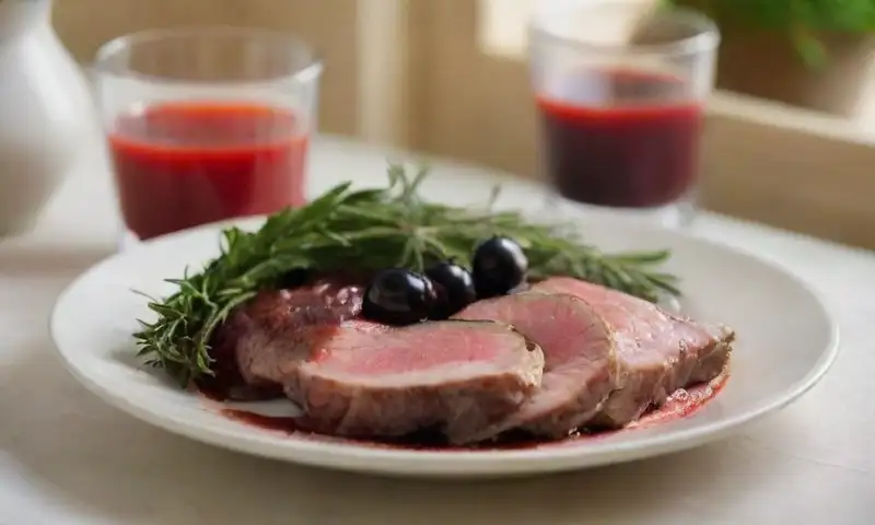 Una mesa de madera oscura presenta cortes jugosos de carne roja con hierbas frescas y un ambiente cálido por la luz del sol