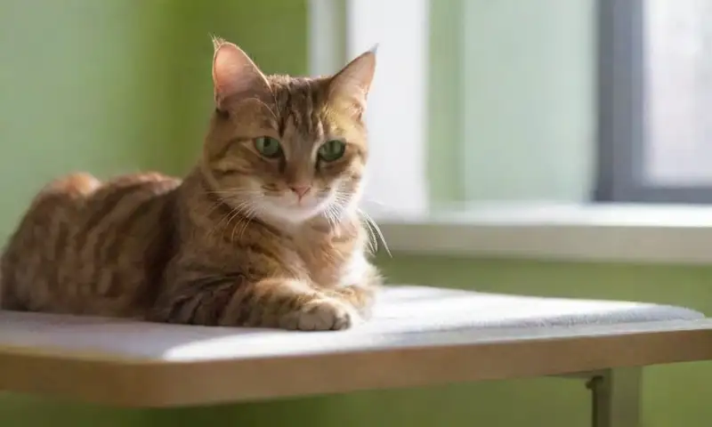 Una clínica veterinaria acogedora, con luz natural, un gato atigrado en una mesa de examen y un veterinario preparado para atenderlo