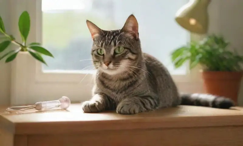 Una sala de examen clínica y estéril con un gato atigrado descansando