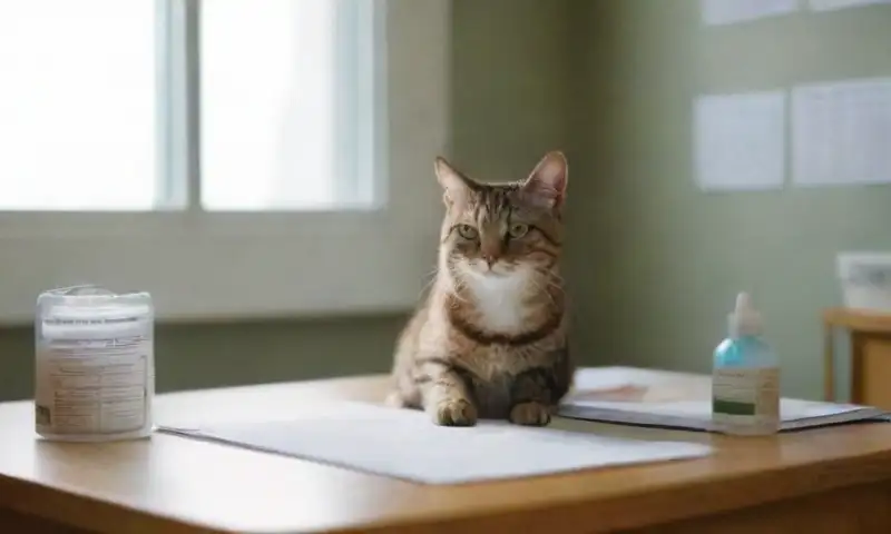Una clínica veterinaria luminosa y ordenada con un gato atigrado en una mesa de examen, mientras una enfermera sostiene una jeringa y rodeada de libros y material informativo
