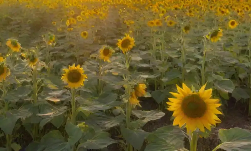 Un vibrante campo de girasoles se destaca bajo un cielo azul, con flores doradas y verdes tallos, iluminado por luz suave que crea un ambiente sereno