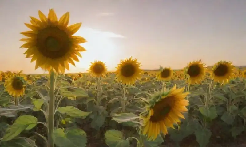 Un campo de girasoles bajo un cielo azul emana calidez y tranquilidad, con flores doradas que se mecen suavemente