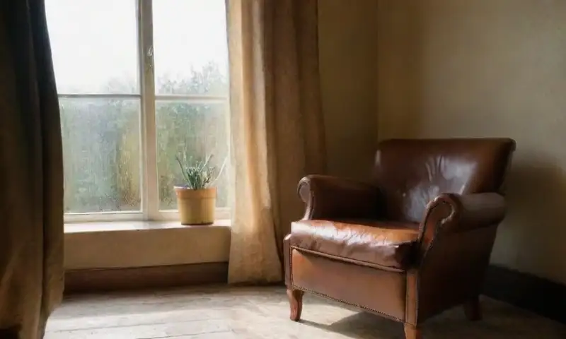 Una habitación tenuemente iluminada evoca una profunda contemplación a través de un viejo sillón, un retrato borroso y la luz dorada del atardecer que danzan entre sombras