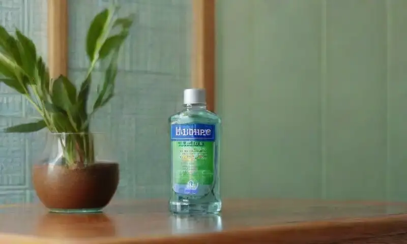 Una botella transparente de Listerine brilla sobre un elegante mostrador de madera en un baño iluminado por luz suave, rodeada de plantas y herramientas de cuidado personal