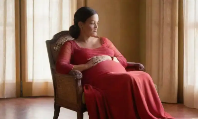 Una madre embarazada, vestida de rojo, se sienta en un acogedor salón iluminado por la luz suave del sol, rodeada de elementos culturales y una vista al jardín