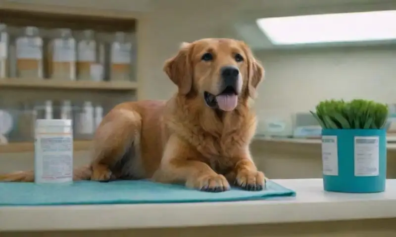 Una clínica veterinaria iluminada, con un veterinario examinado a un perro marrón, rodeado de plantas y materiales profesionales, que refleja cuidado y atención