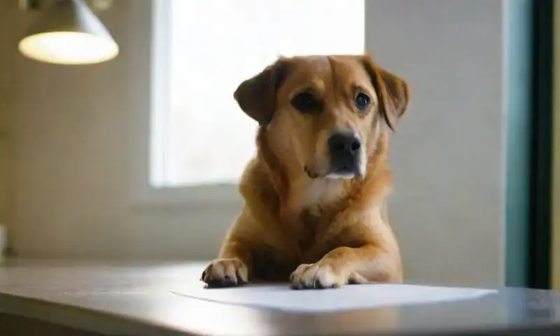 Un perro marrón y blanco está en una mesa de examen veterinario mientras un veterinario lo inspecciona