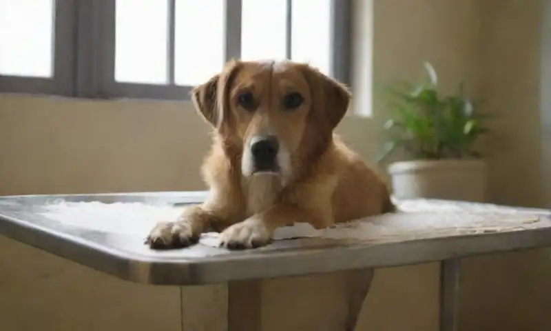 Una clínica veterinaria iluminada con un perro bien cuidado siendo examinado por un veterinario, rodeados de herramientas y materiales informativos sobre desparasitaciones