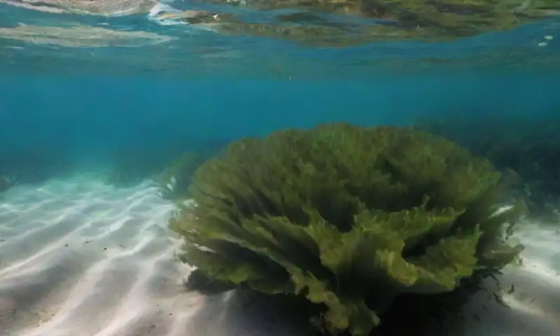 Un ecosistema submarino vibrante, con algas marinas verdes bajo la luz suave, creando un ambiente sereno y lleno de vida