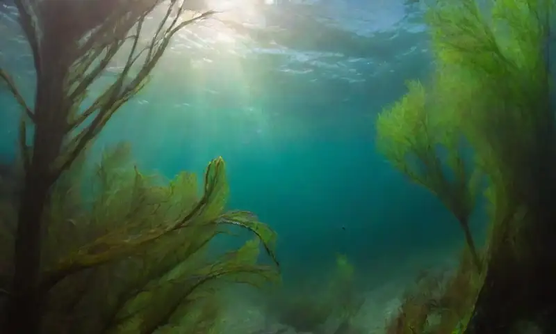 Alga verde vibrante se mece en agua turquesa clara