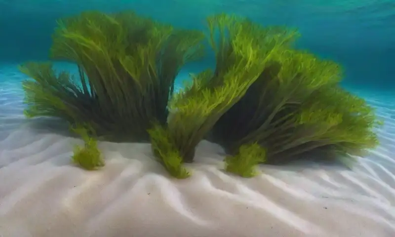 Un paisaje submarino sereno con espirales verdes de algas brillando bajo la luz