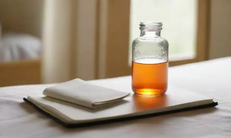 La luz suave de la mañana ilumina un dormitorio acogedor, donde un vaso de agua y un cuaderno se encuentran junto a manos llenas de preocupación y un frasco de pastillas