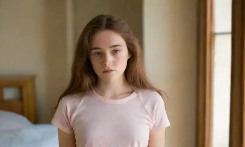 Una adolescente está iluminada por luz suave en su habitación cómoda, rodeada de sus cosas, mostrando la curiosidad y los cambios de la adolescencia