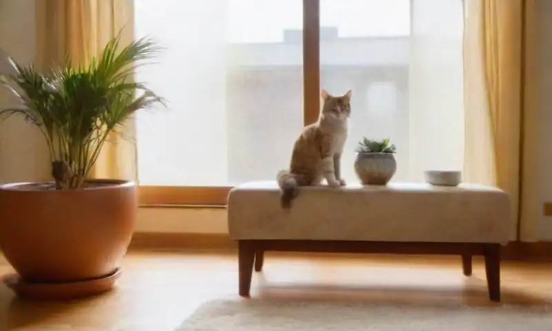 Una acogedora sala de estar iluminada por la mañana, con un gato atigrado reposando en una alfombra beige, rodeada de un ambiente sereno y detalles que reflejan suavidad y calidez
