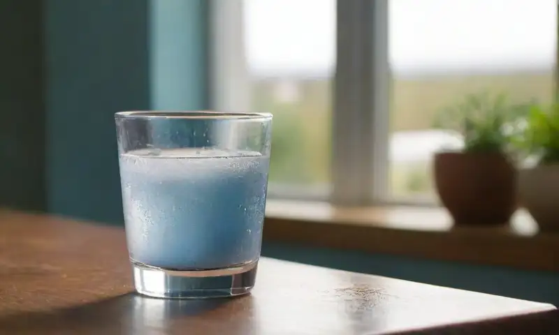 Un vaso de agua clara con sal disolviéndose, iluminado por la luz del sol, crea una atmósfera tranquilizadora y armoniosa en la mesa