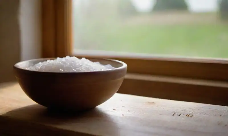 Una mesa rústica de madera recibe luz suave y cálida, con un cuenco de sal y un plato de agua, mientras manos arrugadas vierten sal, creando una atmósfera de calma y serenidad
