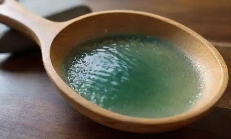 Un bol de vidrio lleno de agua salada brilla bajo la luz natural, con sal en el borde y una cuchara de madera al lado