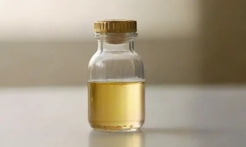 Un vial de vidrio translúcido con un líquido dorado y viscoso refleja suavemente la luz en un fondo de laboratorio desenfocado
