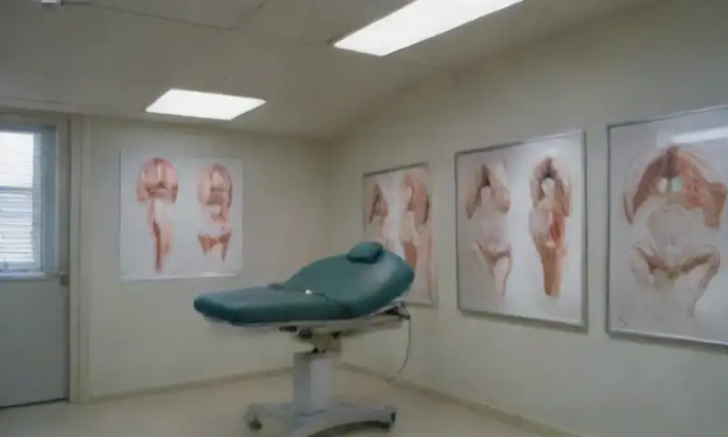 Una sala de examen clínico iluminada, con paredes blancas y un ambiente estéril, que exhibe un modelo anatómico del sistema reproductivo masculino