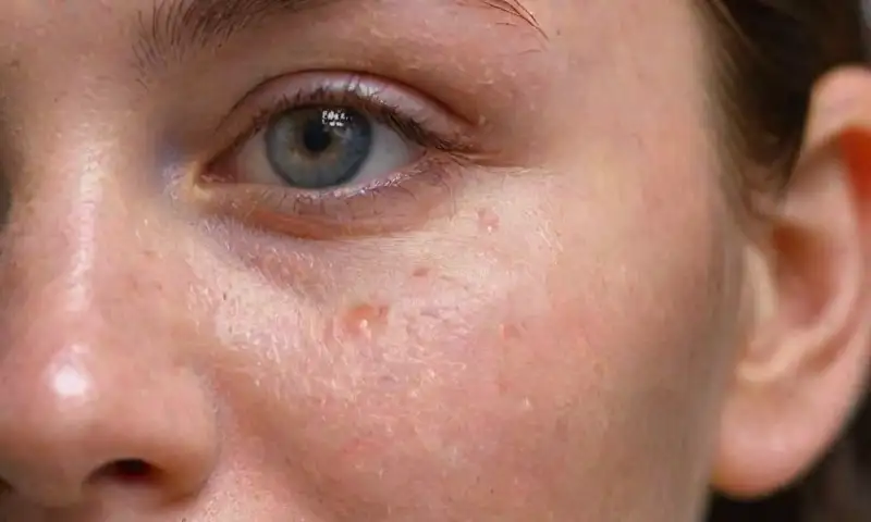 Un primer plano de un rostro con piel suave interrumpida por granos inflamados, iluminado suavemente, en un entorno de baño