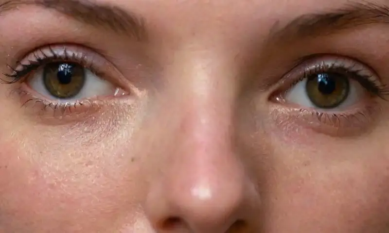 Primer plano de un rostro humano con imperfecciones visibles en la piel bajo una suave luz natural