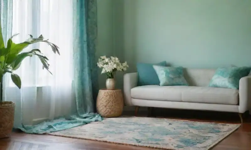 Una habitación serena con luz natural, paredes turquesas, un sofá acogedor, cojines variados, flores blancas en un jarrón, un ambiente tranquilo y detalle en la decoración