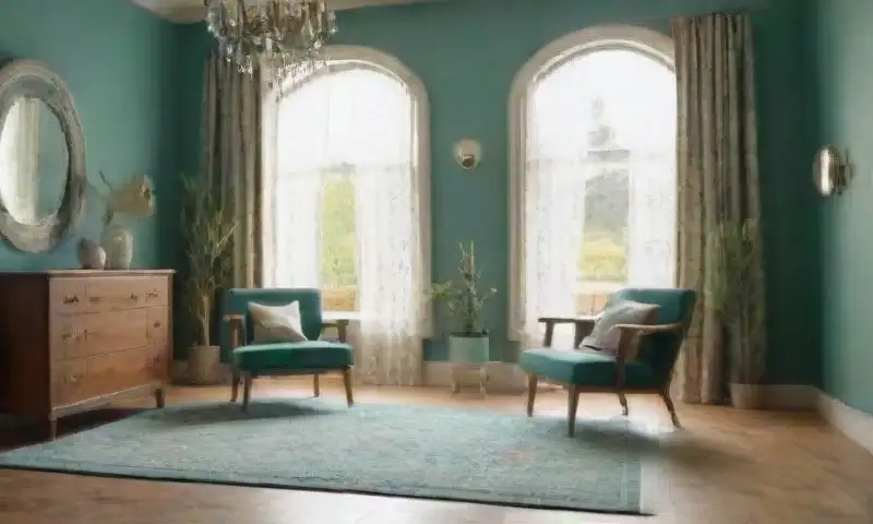 Un espacio interior sereno y acogedor, con paredes turquesa, luz natural, grandes ventanas, muebles de madera elegante y decoración armoniosa