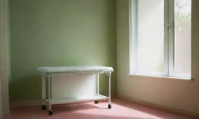Una sala de examen limpia y bien iluminada, con una mesa blanca, suministros organizados, un cartel anatómico, plantas y materiales informativos