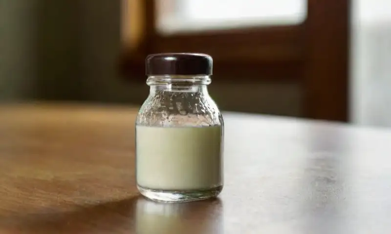 Una botella de vidrio transparente con un líquido claro y una etiqueta blanca