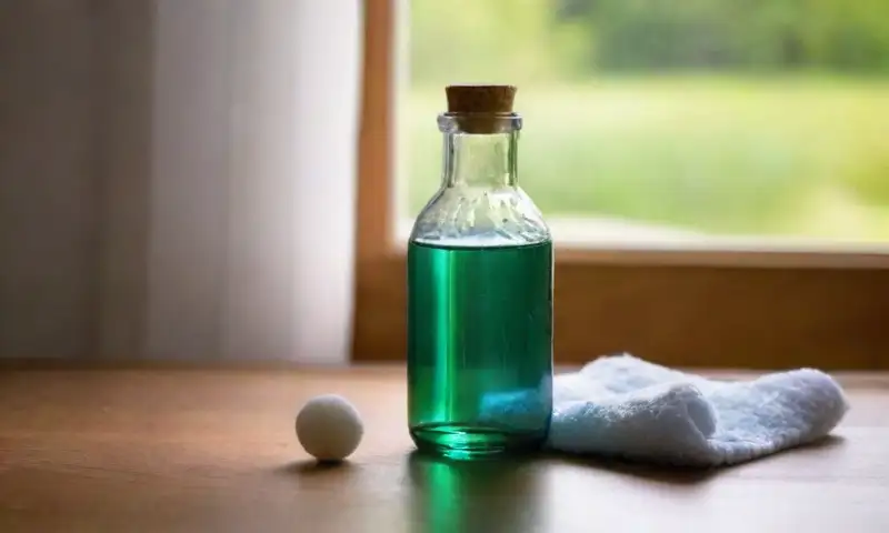 Una botellas de vidrio clara con una solución salina ligeramente turbia, gotas de condensación, y elementos armoniosos que transmiten calma
