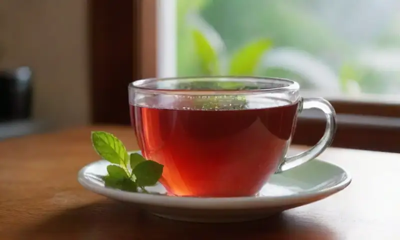 Té rojo en una taza de vidrio con vapor