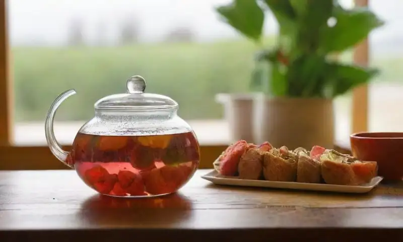 Una cocina luminosa con un mesa pulida, té humeante, frutas frescas y agua infusionada, todo creando un ambiente refrescante y saludable