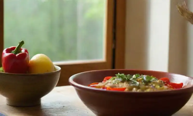 Una mesa de madera en la cocina presenta ingredientes frescos y utensilios en un ambiente cálido y caótico