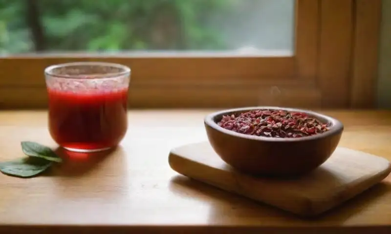 Una cocina iluminada con luz natural, con un mostrador de granito, una taza de té rojo humeante, limón fresco, menta, una jarra de hojas de té, una manzana roja, nueces y un cuaderno abierto, todo envuelto en un ambiente acogedor y saludable
