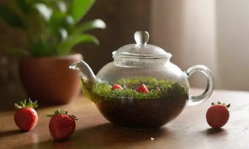 Mesa de madera con té rojo, hojas de té verde, limones frescos, fresas, y luz natural creando una atmósfera tranquila