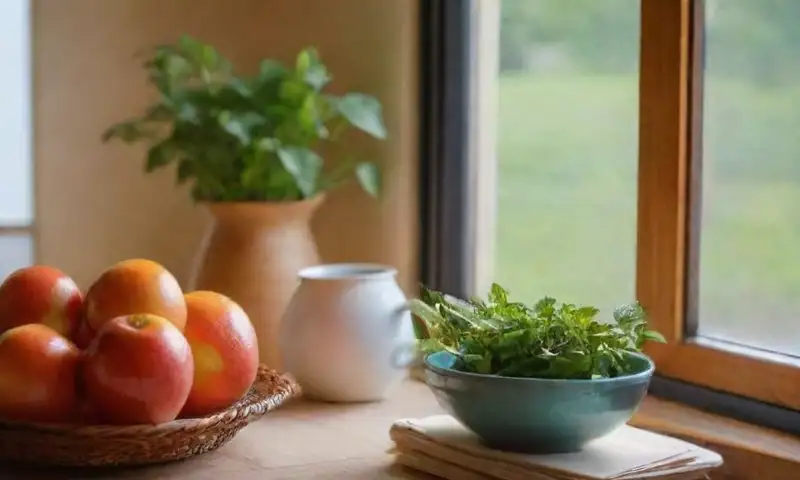 Una cocina luminosa y acogedora, con té humeante, frutas y verduras coloridas, y un ambiente que invita a un estilo de vida saludable
