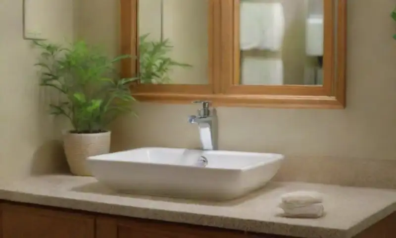 Un baño moderno con lavabo blanco, azulejos beige, luz suave, una planta verde, y detalles que transmiten una sensación de contemplación