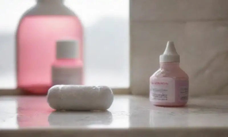 Un elegante encuadre muestra un mostrador de baño de mármol blanco con un frasco de píldoras anticonceptivas y un vaso de agua al lado, todo iluminado suavemente