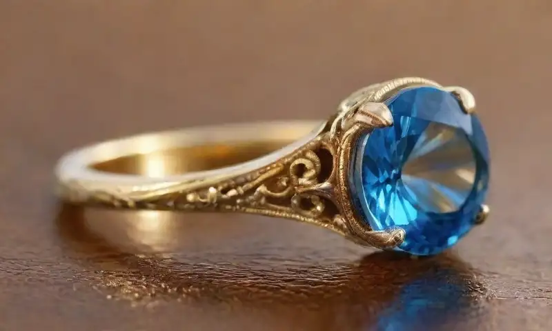 Un anillo de oro con una piedra topacio que brilla en azules y amarillos, destacando su elegancia y sofisticación