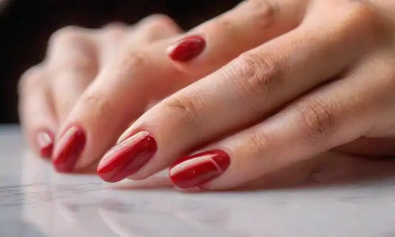 Manos elegantes con uñas rojas y brillantes descansan sobre una superficie de mármol blanco