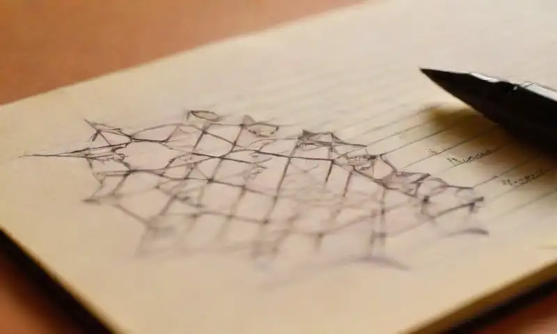 Un cuaderno muestra intrincados diseños de tatuajes geométricos con detalles meticulosos y suaves sombras