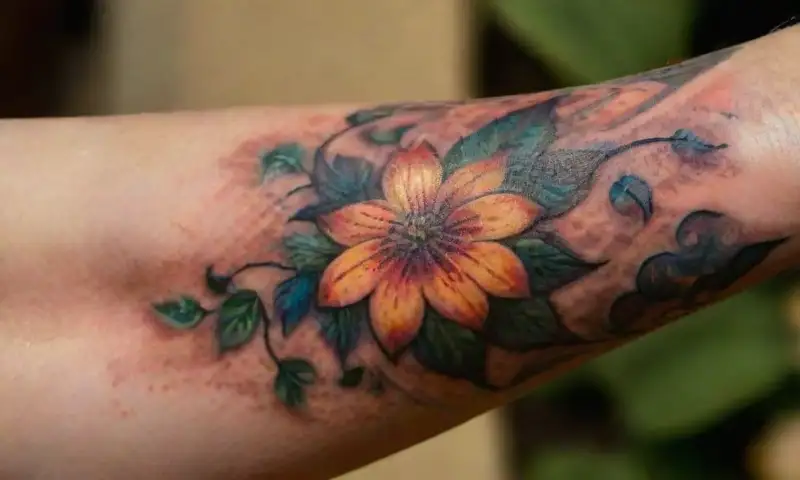 Un primer plano de tatuajes diversos y vibrantes en un brazo iluminado por el sol, con intrincadas formas geométricas y un ambiente veraniego